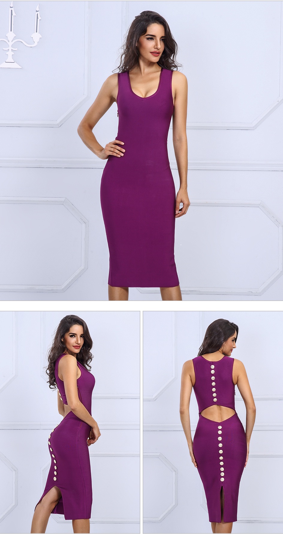 Sexy V Neck Back Button Studded Hollow Out Party Dress 11