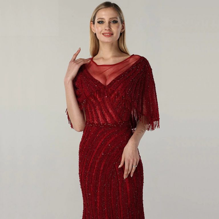 Sleeveless Shawl Beading Sequined Lace Evening Gowns - Power Day Sale