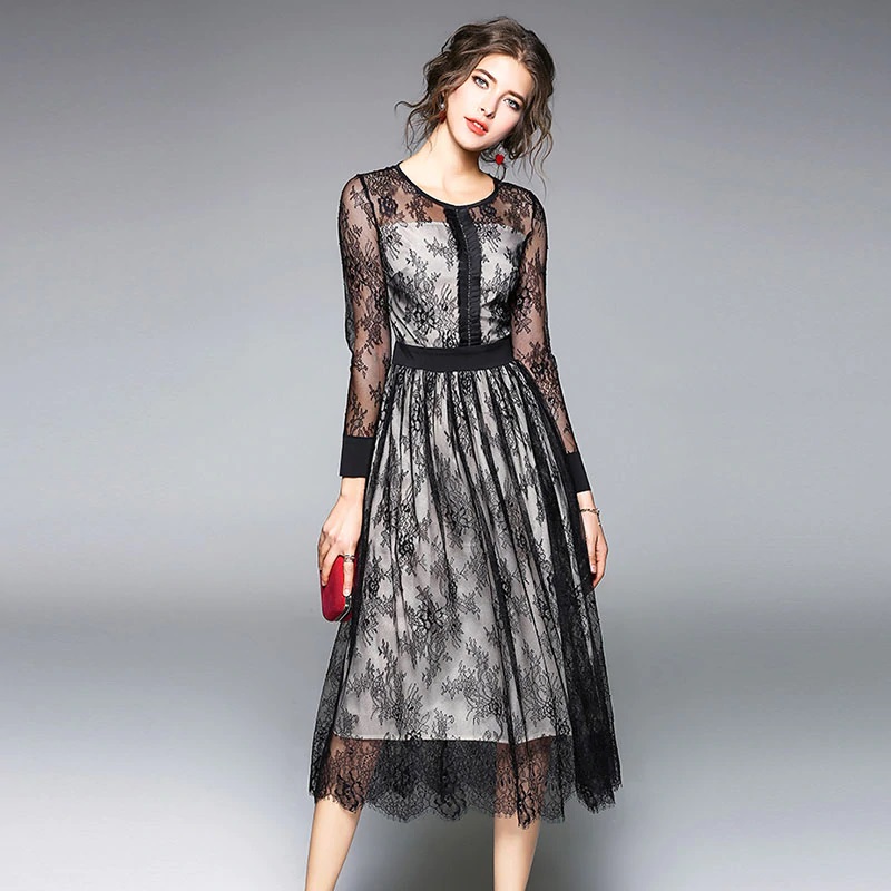 Mesh Hollow Out Elegant Floral Lace Sexy Long Dress - Power Day Sale
