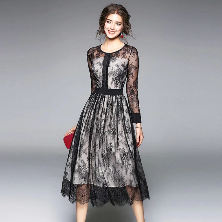 Mesh Hollow Out Elegant Floral Lace Sexy Long Dress - Power Day Sale