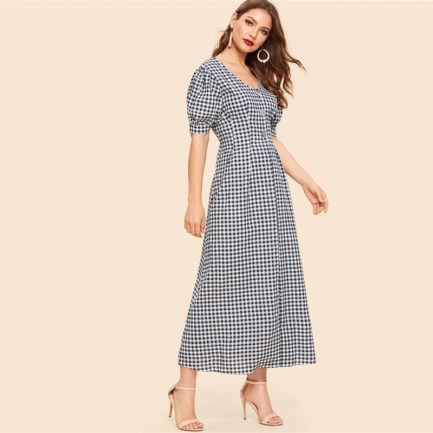 Vintage Double V Neck Button Down Gingham Puff Sleeve Midi Dress ...