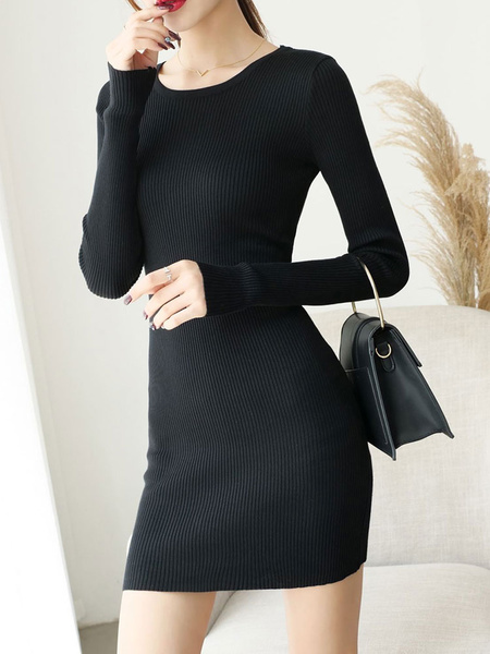 Charming Jewel Neck Long Sleeves Knitted Dress - Power Day Sale