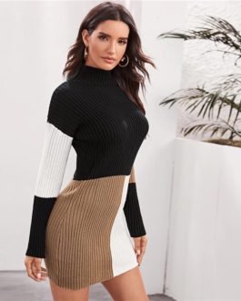 Cut and Sew Stand Collar Knitted Straight Bodycon Sweater Dress