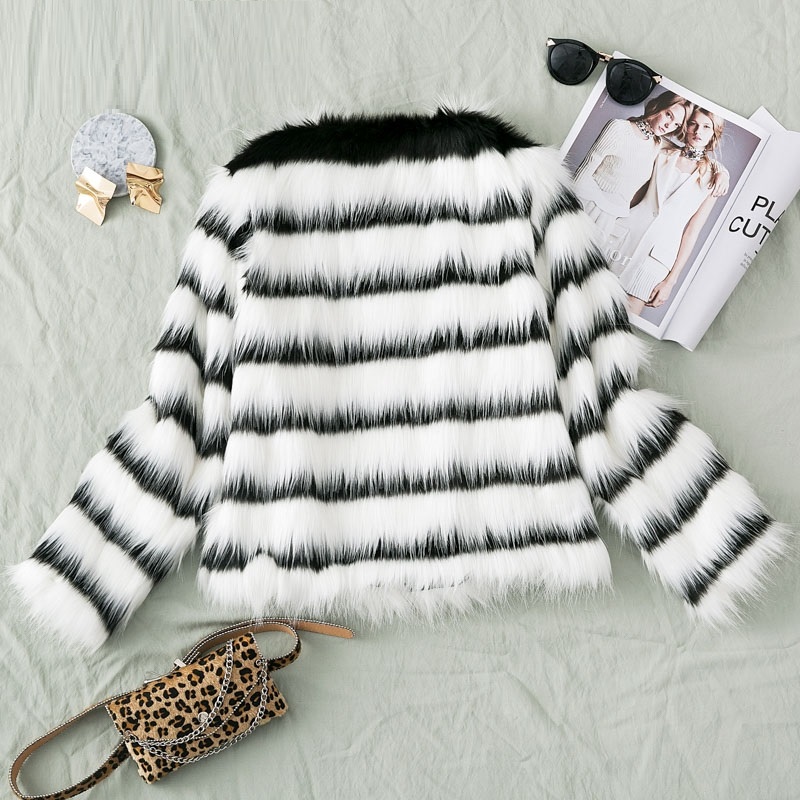 Plus size Elegant Striped Faux Fur Warm Jacket - Power Day Sale