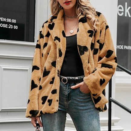 Elegant Faux Fur Soft Heart Print Casual Warm oversize Coat - Power Day