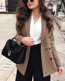 Fashion double breasted plaid slim fit office ladies blazer