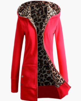 Fleece Hoodie Sport Jacket Leopard Zippered Coat
