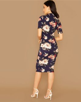Floral Print Stand Collar Short Sleeve Elegant Bodycon Dress