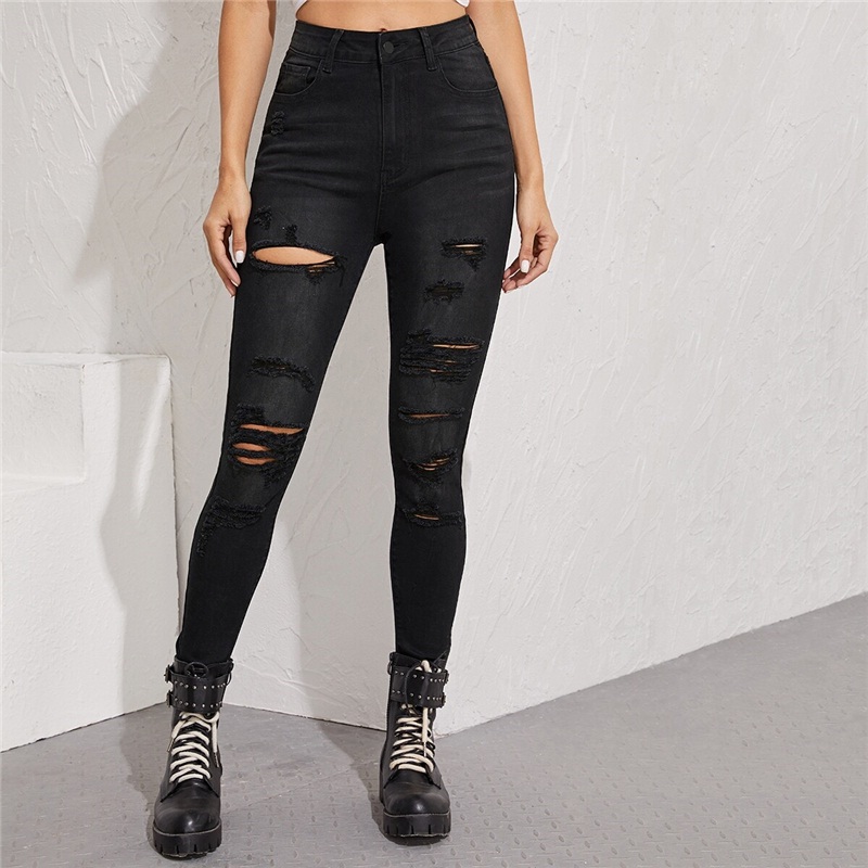 Frayed Edge Ripped Skinny Cropped Casual Mid Waist Denim Jeans - Power ...