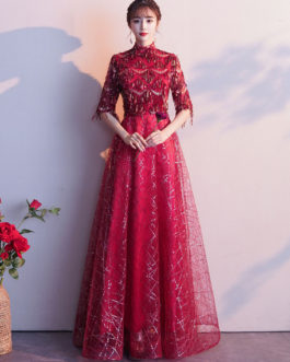 Half Sleeve Lace High Collar Formal Gowns