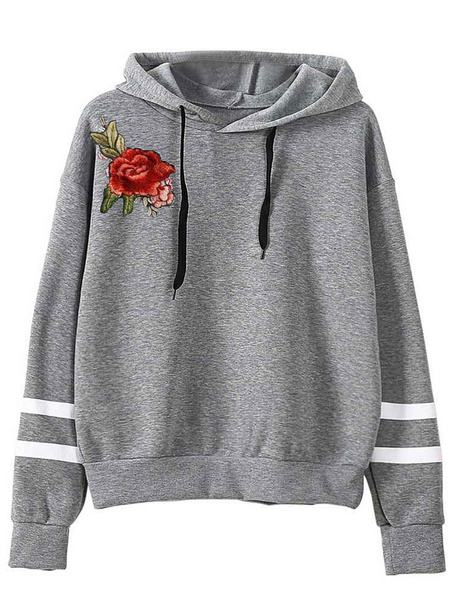 Hooded Long Sleeve Embroidered Drawstring Cotton Pullover Sweatshirt ...