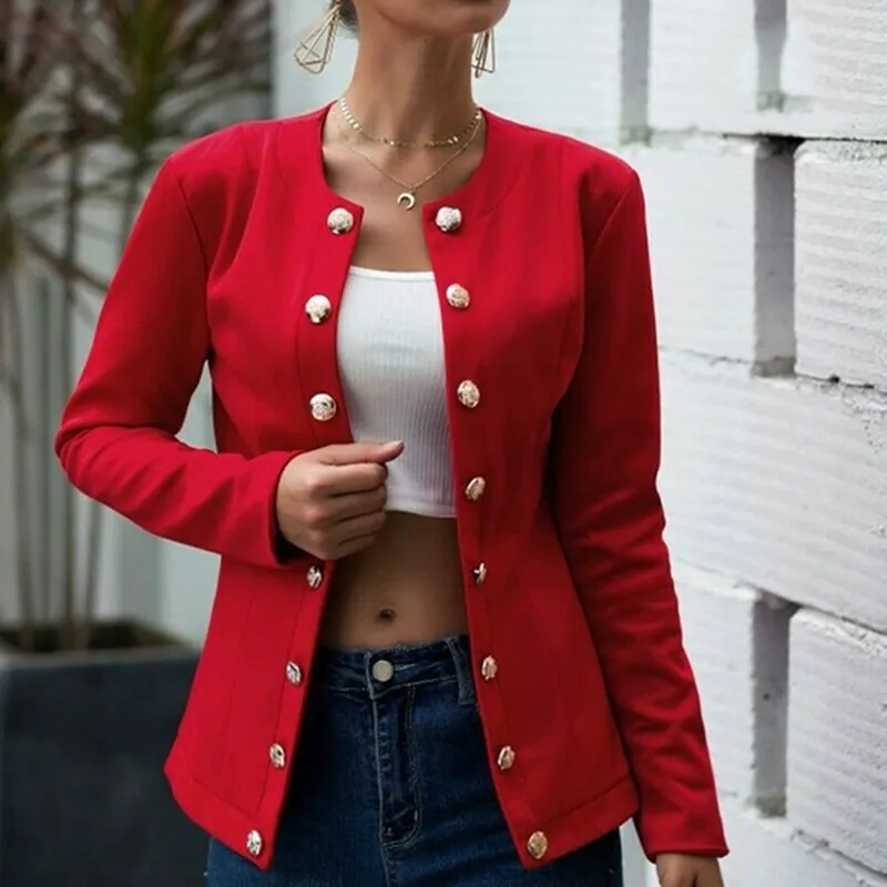 Jewel Neck Buttons Street Wear Slim Fit Smart Casual Office Ladies Jacket