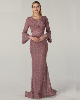 Long Sleeves Pearls Crystal Lace Evening Gowns