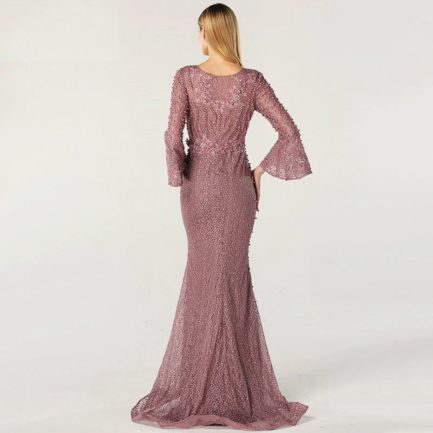 Long Sleeves Pearls Crystal Lace Evening Gowns - Power Day Sale