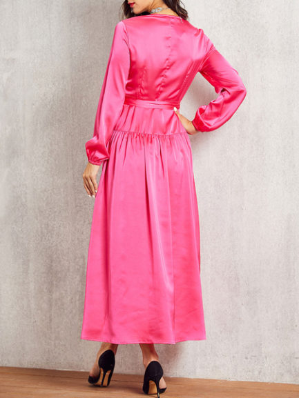 V Neck High Low Design Long Sleeves Polyester Maxi Dresses - Power Day Sale