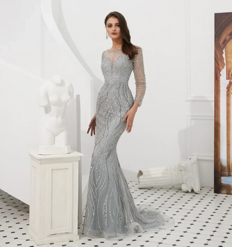 Luxury Long Sleeve Elegant Beaded Crystals Mermaid Sparkly Formal Evening Gowns