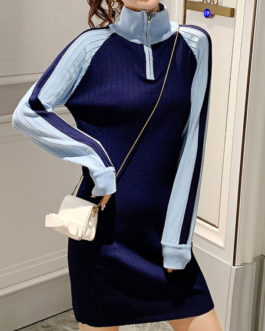Modern Two Tone Zipper High Collar Long Sleeves Knitted Dress