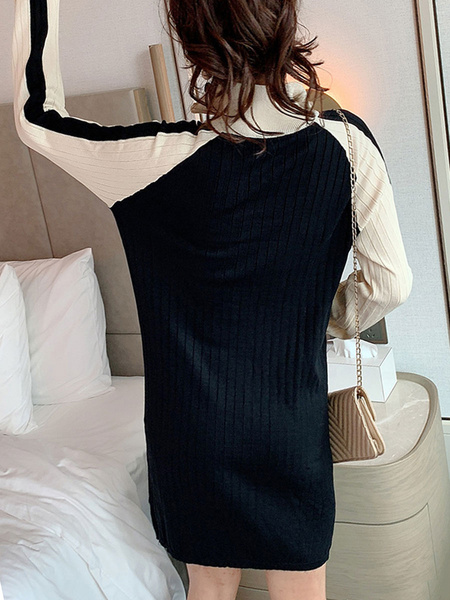 Modern Two Tone Zipper High Collar Long Sleeves Knitted Dress - Power ...