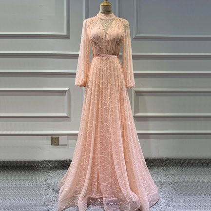 Pearls Tulle Long Sleeves Sexy Prom Gowns - Power Day Sale