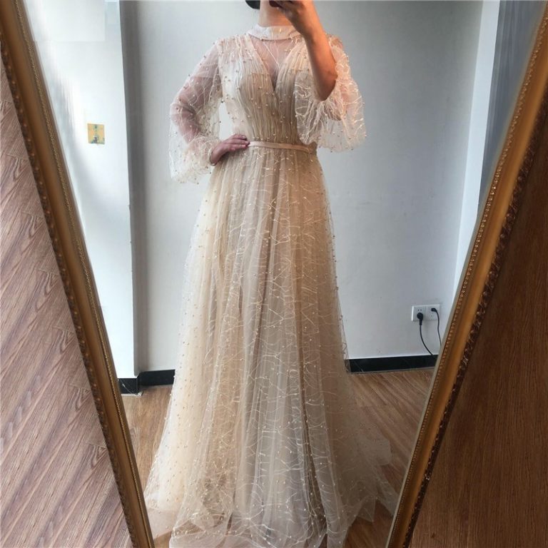 Pearls Tulle Long Sleeves Sexy Prom Gowns - Power Day Sale