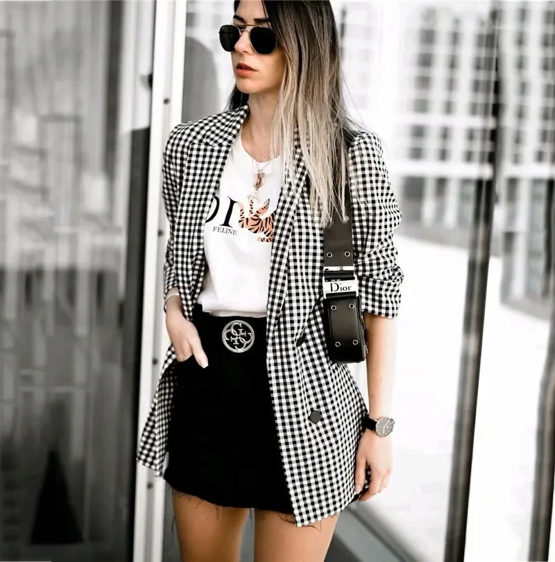Plaid Fashion Turndown Collar Buttons Long Sleeve Blazer