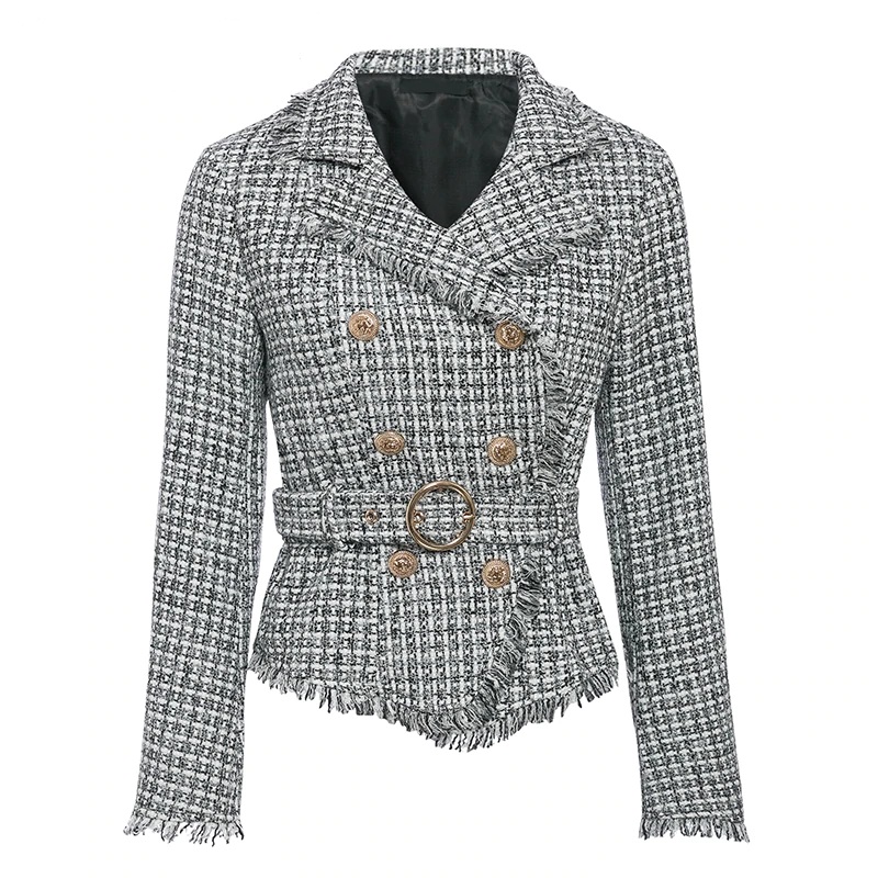 Plaid V-neck double breasted button belt ladies blazer - Power Day Sale