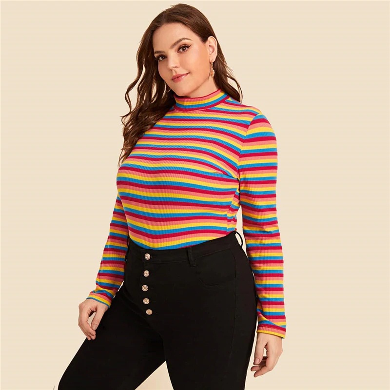 Download Plus Size Mock Neck Long Sleeve Rainbow Striped T-shirts ...