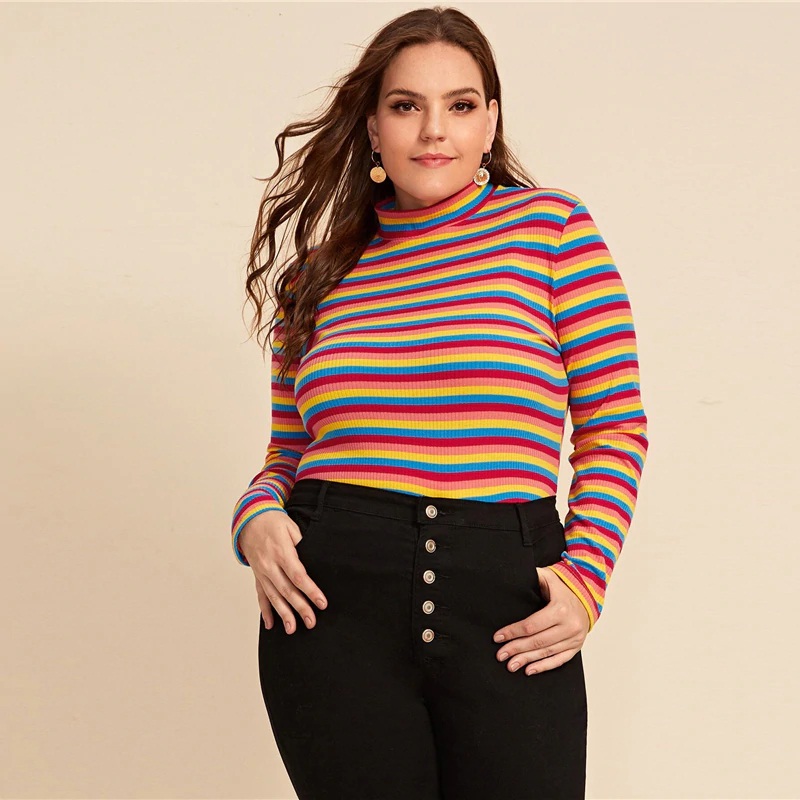 Download Plus Size Mock Neck Long Sleeve Rainbow Striped T-shirts - Power Day Sale