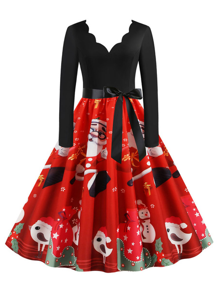 Retro 1950s Jewel Neck Long Sleeves Christmas Pattern Swing Dress ...