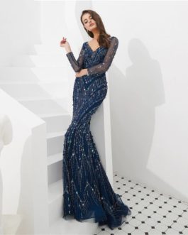 Sexy Long Sleeve Beads Sequins Mermaid Evening Party Gown