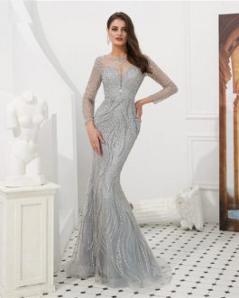 Sexy Sheer Long Sleeve Crystal Beaded Mermaid Evening Dress