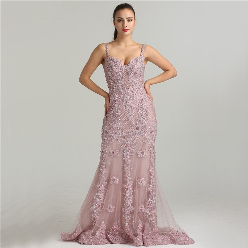 Spaghetti Straps Crystal Mermaid Evening Party Gowns