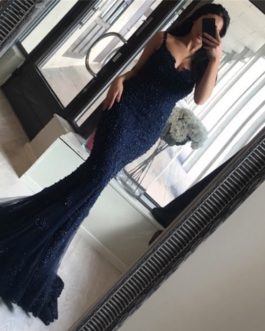 Sexy Spaghetti Straps Crystal Mermaid Evening Party Gowns
