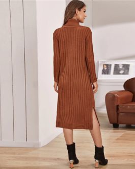 Solid Ribbed knit Long Sleeve Casual Sweater Dress