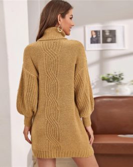 Turtleneck Without Belt Lantern Sleeve Short Sweater Dress