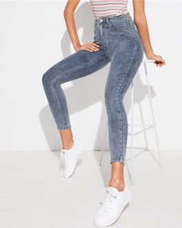 Zipper Fly Streetwear Mid Waist Buttoned Skinny Casual Denim Jeans