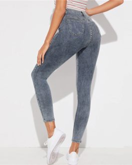 Zipper Fly Streetwear Mid Waist Buttoned Skinny Casual Denim Jeans