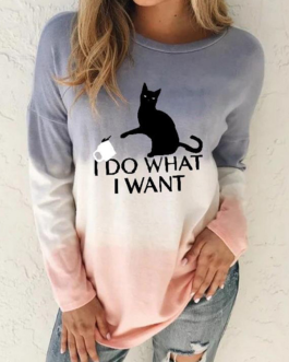 Cat Cartoon Gradient Print Long Sleeve Plus Size Casual T-shirt
