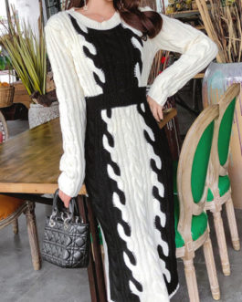 Charming Two Tone Split Front Jewel Neck Long Sleeves Knitted Dress