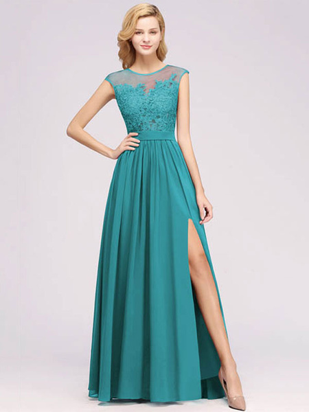 Chiffon A Line Illusion Neck Sleeveless Floor Length Wedding Party Prom Bridesmaid Dress