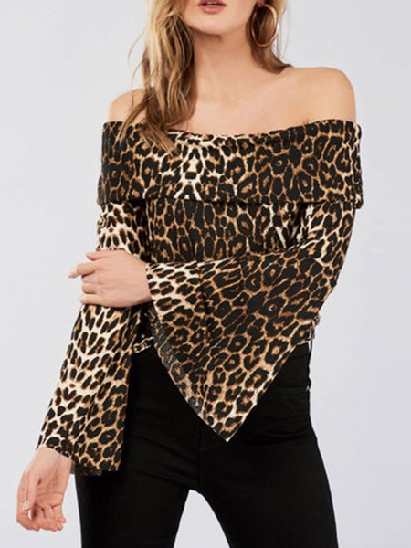 Download Cotton Off The Shoulder Layered Casual Leopard Print Long Sleeves Tops Power Day Sale