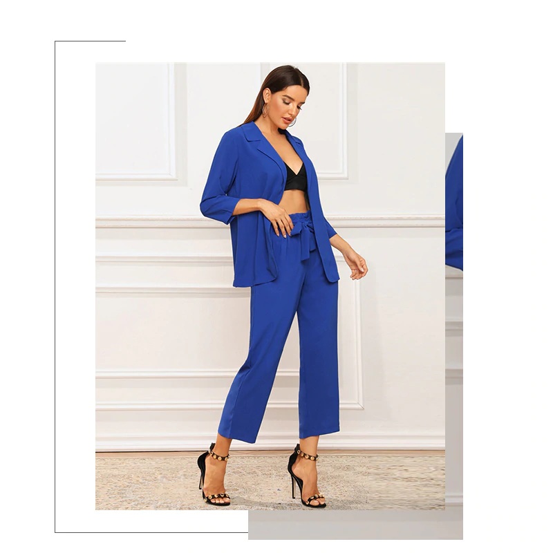Solid Notched Neck Blazer and Belted Crop Pants 2 Piece Set - Power Day ...