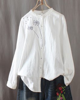 Embroidered Crew Neck Long Sleeve Vintage Blouse
