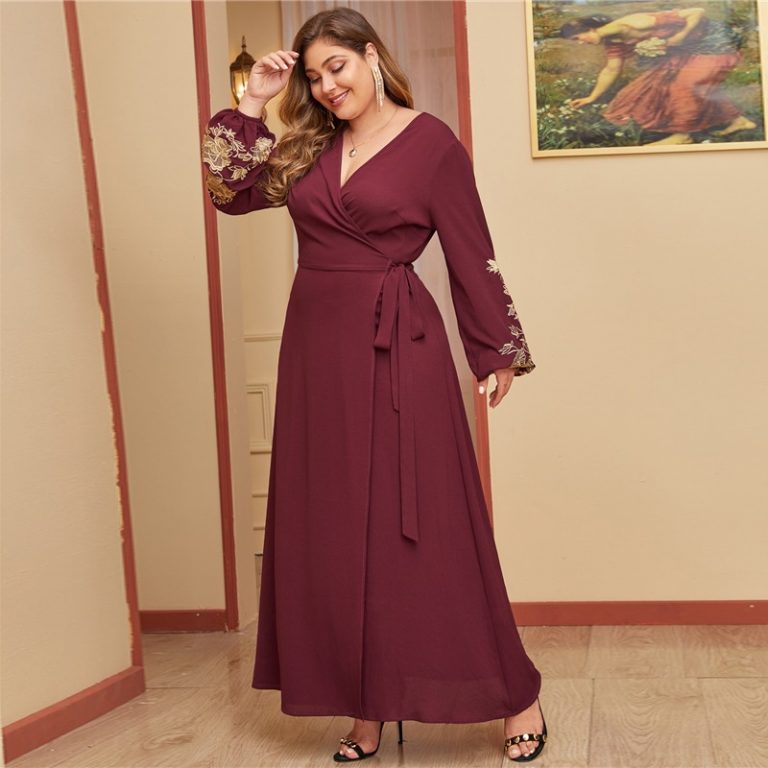 Embroidered Floral Wrap Belted Elegant Maxi Dress Power Day Sale