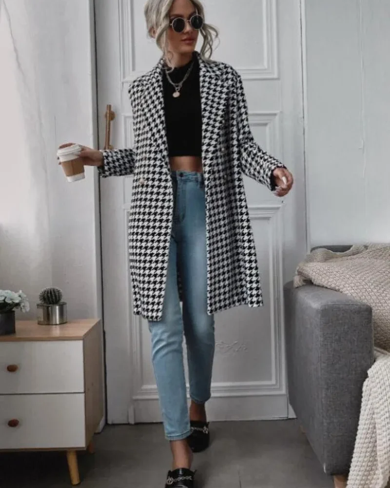 Fashion Commuter Houndstooth Print Long Woolen OverCoats
