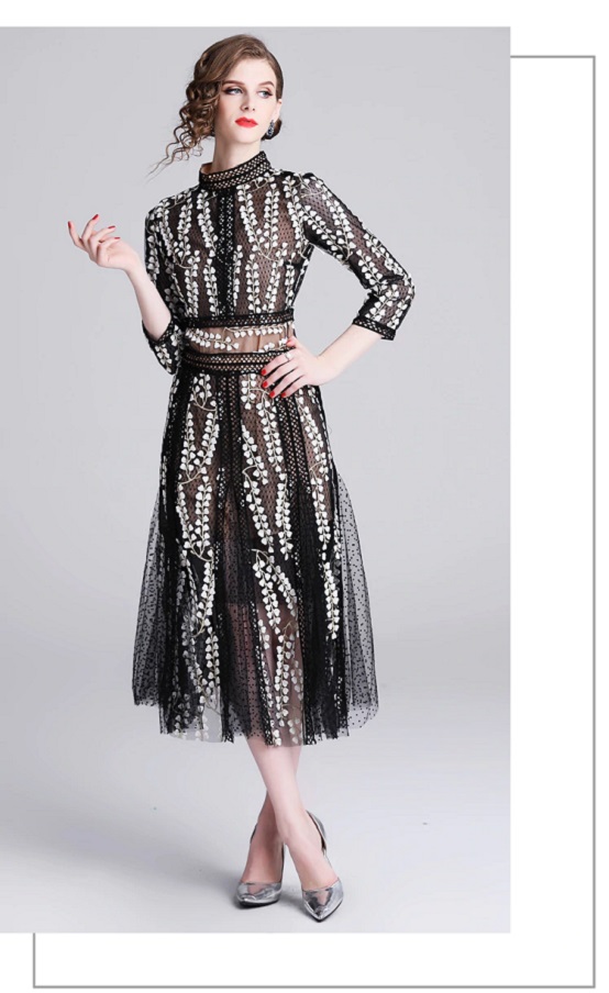 Floral Embroidery Stand Collar Hollow Out Long Party Dress - Power Day Sale