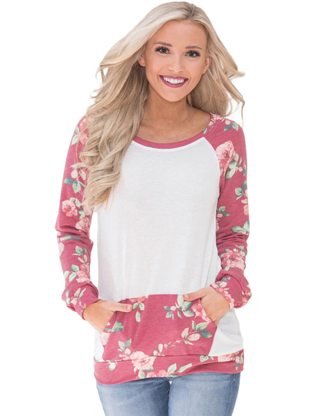 Floral Long Sleeve Round Neck Pockets Casual Sweatshirt - Power Day Sale