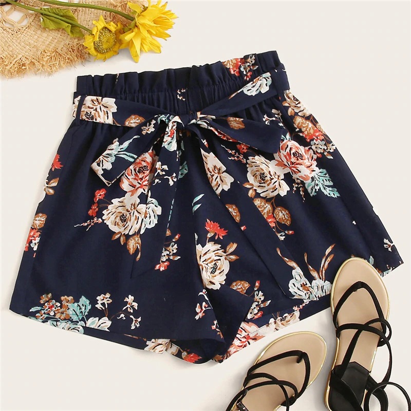 Floral Print Belted Wide Leg Loose Summer Shorts - Power Day Sale