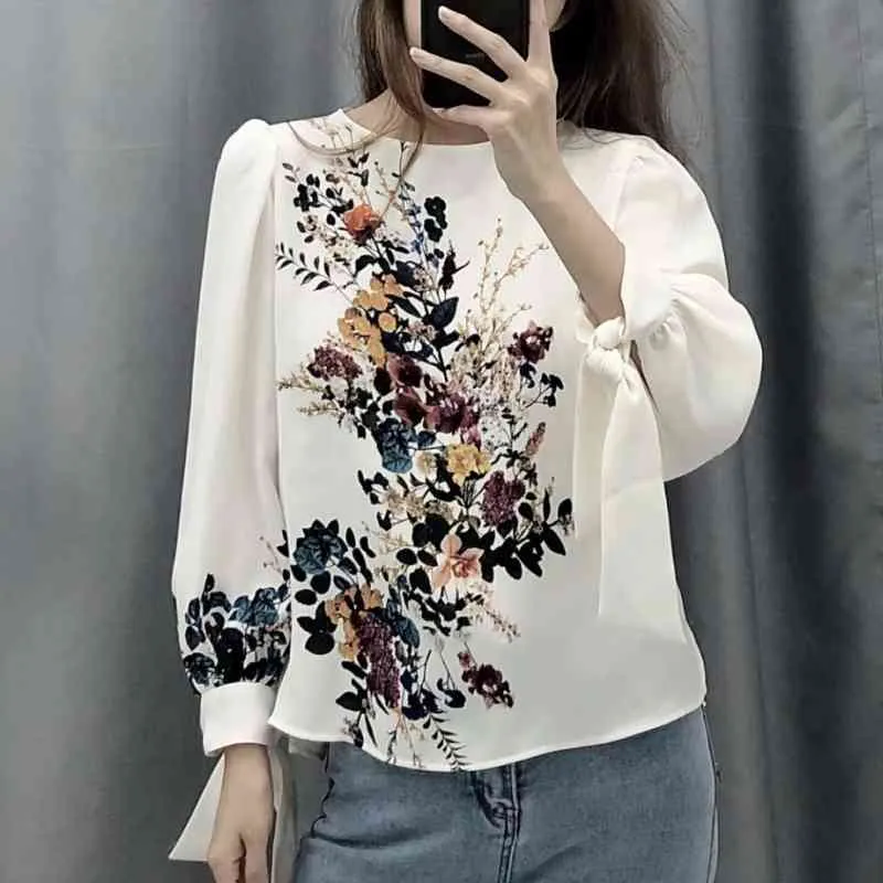 Floral Print V-Neck Knotted Long Sleeve Loose Casual Top