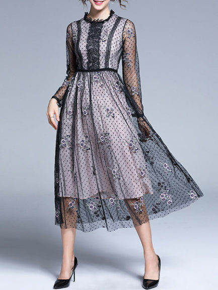 Long Sleeves Polka Dot Embellished Collar Embroidered Floor Maxi Dress ...